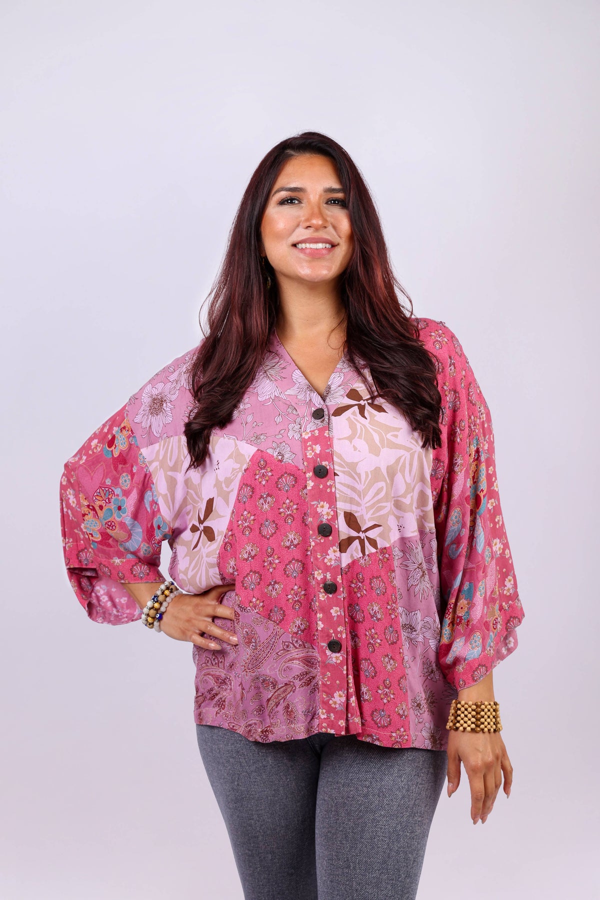 Patchwork Kimono Top: Pink Flora Aura