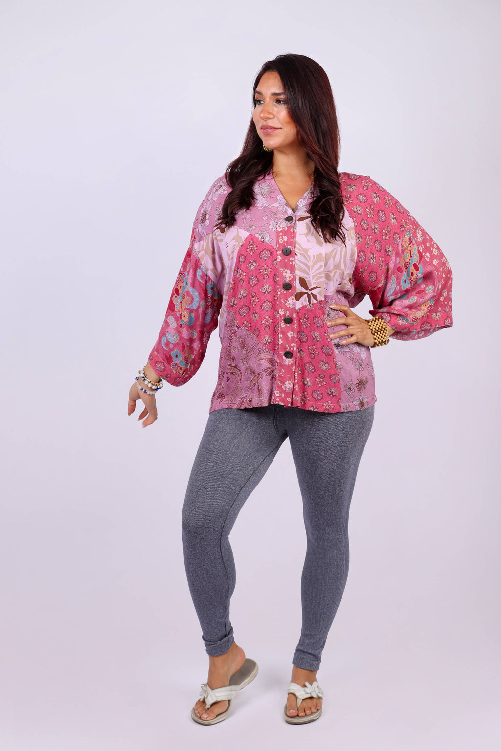 Patchwork Kimono Top: Pink Flora Aura