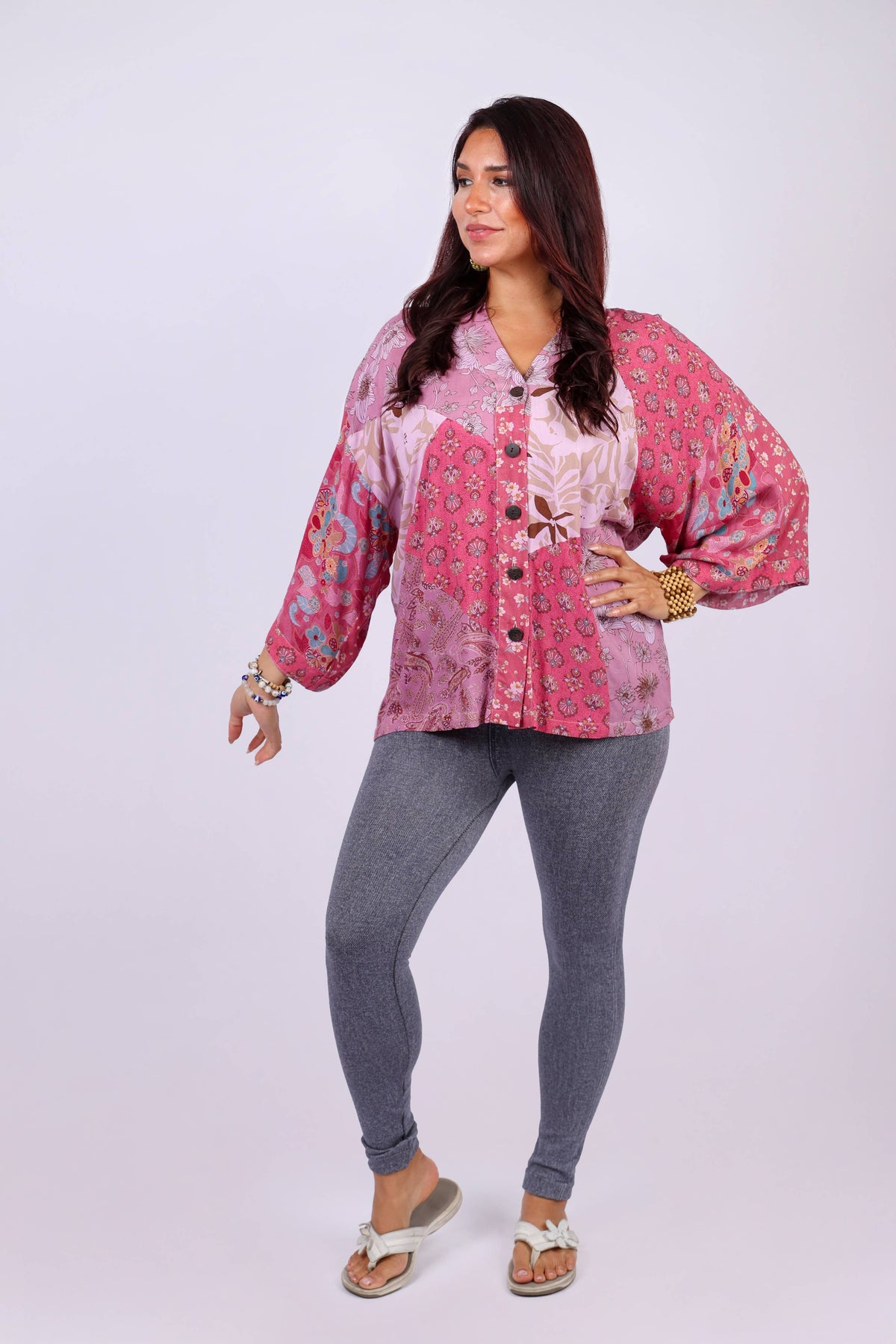 Patchwork Kimono Top: Pink Flora Aura