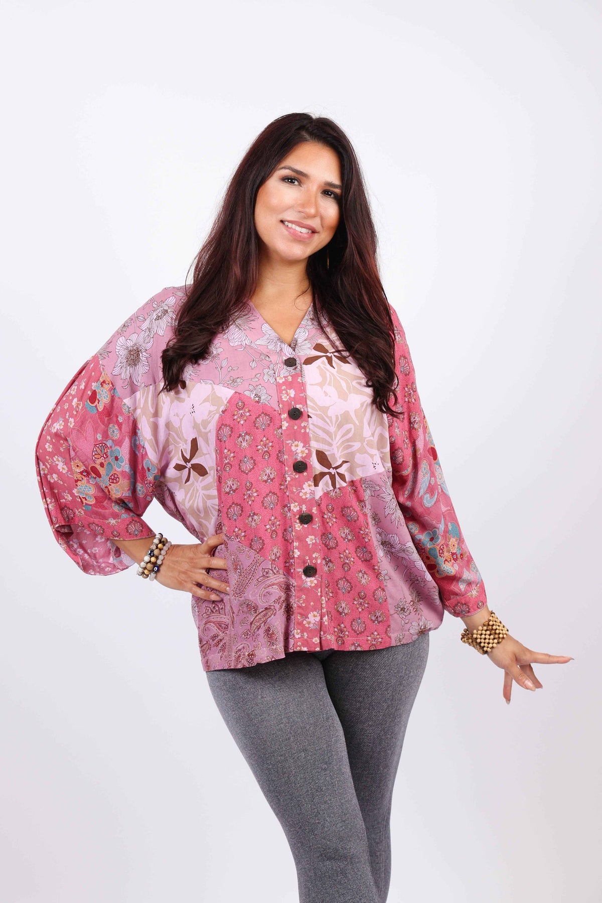 Patchwork Kimono Top: Pink Flora Aura